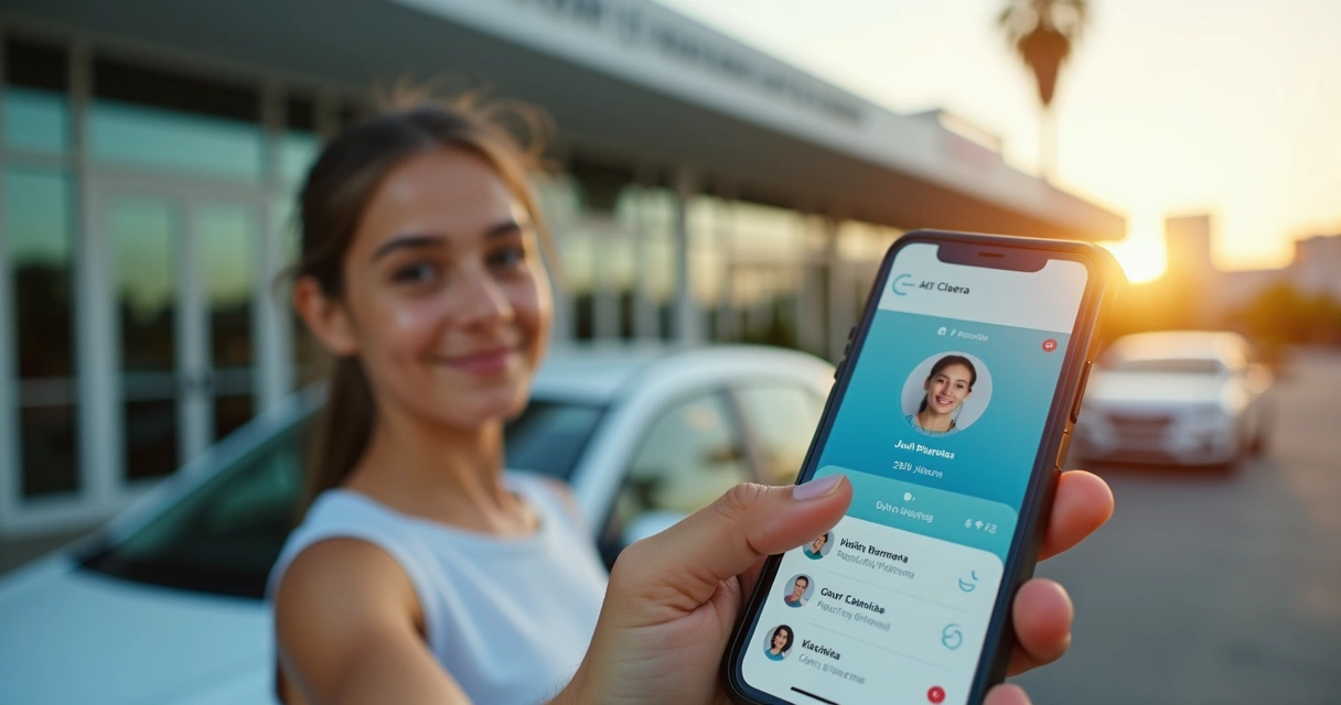 Jovem segurando celular com aplicativo CNH do Brasil aberto ao lado de carro popular 