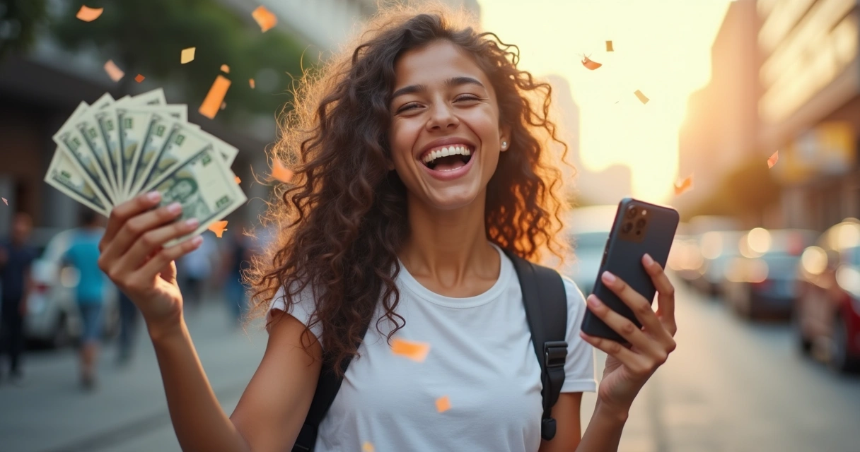 Jovem comemorando aprovação CNH economizando dinheiro 