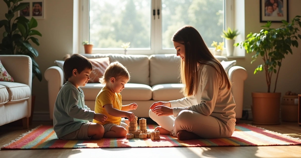 Jovem au pair cuidando de duas crianças em ambiente doméstico acolhedor 