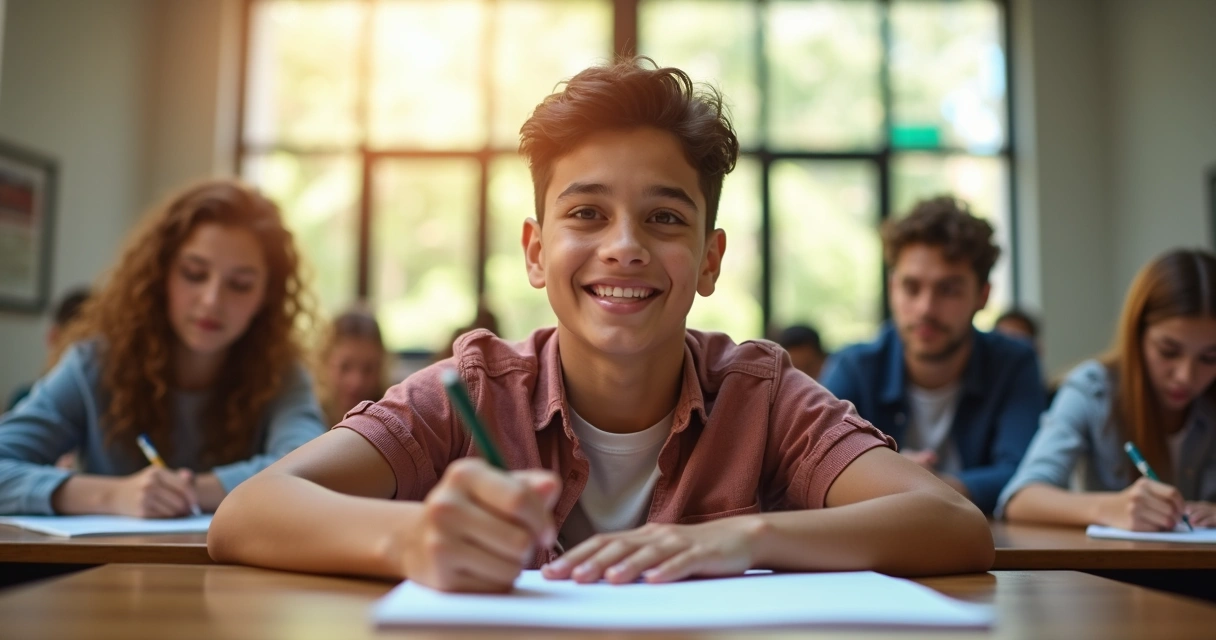 Jovem confiante escrevendo prova de vestibular