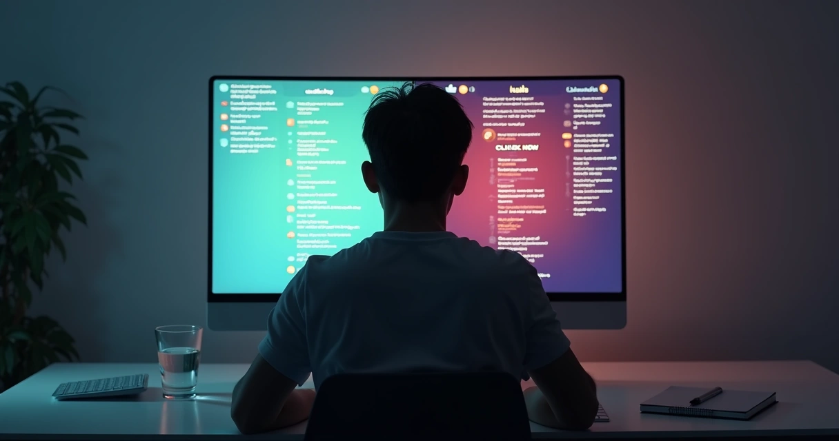 Pessoa observando tela dividida com mensagens online positivas e manipuladoras 
