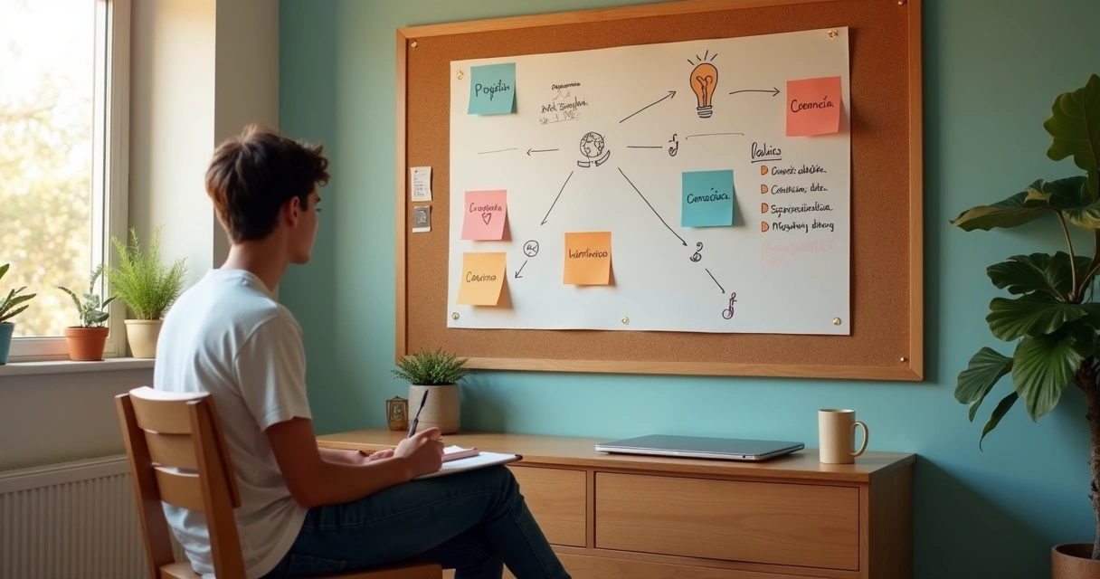 Jovem observando mural com ícones de projeto e perguntas éticas em casa 