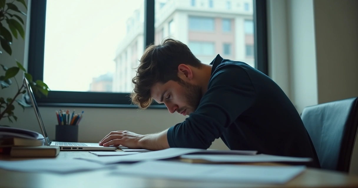 Homem jovem de cabeça baixa em mesa de trabalho, com papéis espalhados à frente 