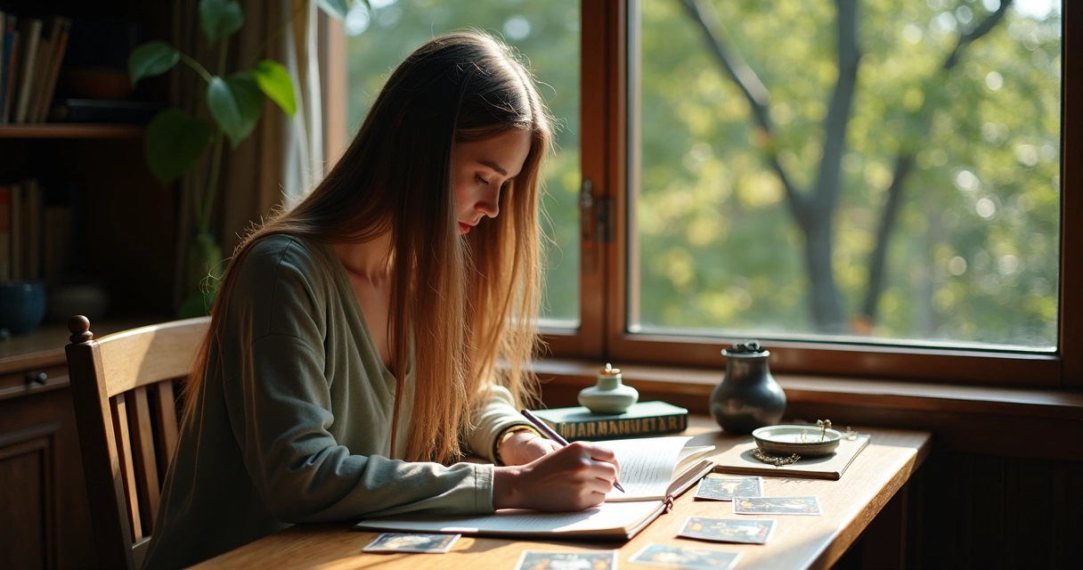 Jovem escrevendo impressões em caderno após tirar tarot 