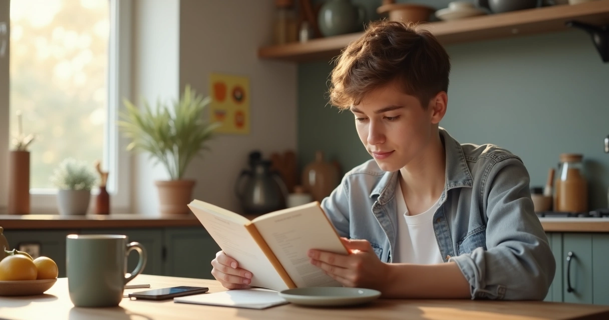 Jovem estudando durante o café da manhã 