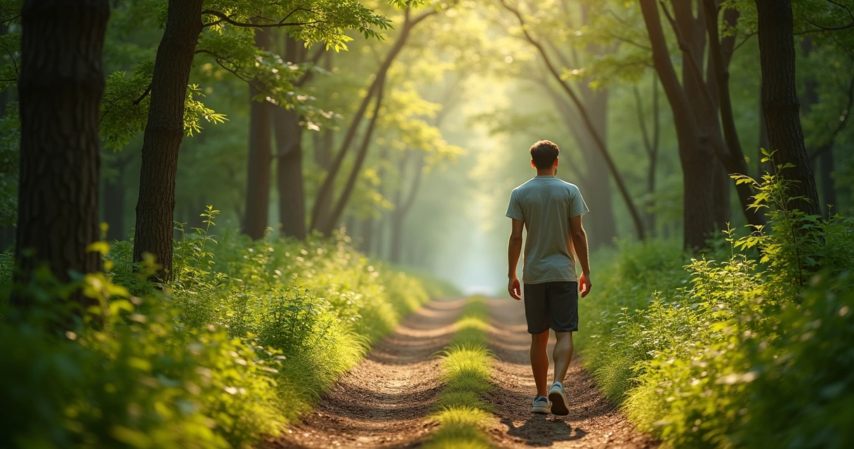 Homem andando em trilha de mata fechada