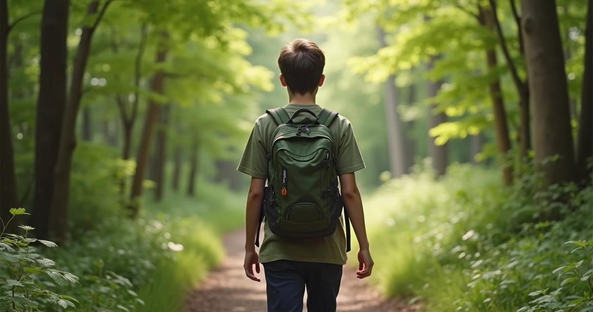 Jovem caminhando em uma trilha rodeada de árvores, sem nenhum aparelho eletrônico visível 