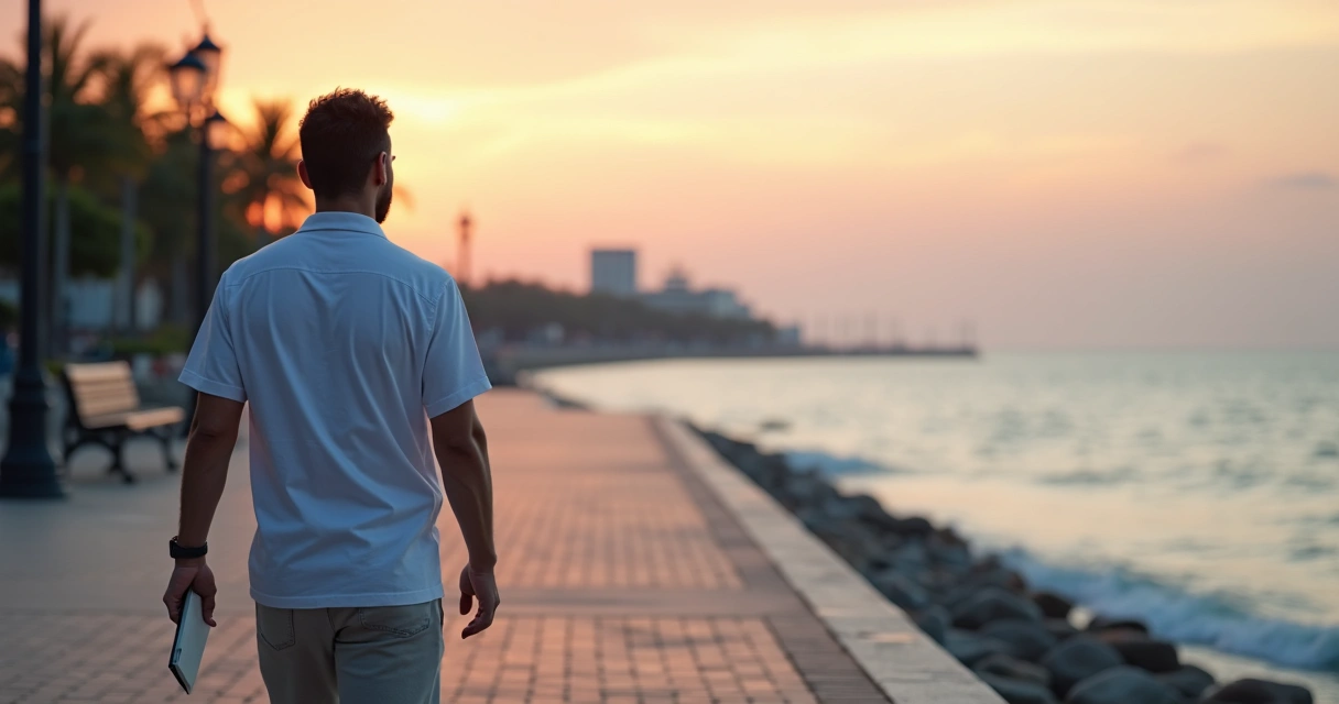 Pessoa caminhando sozinha à beira-mar em Salvador em momento de reflexão tranquila 