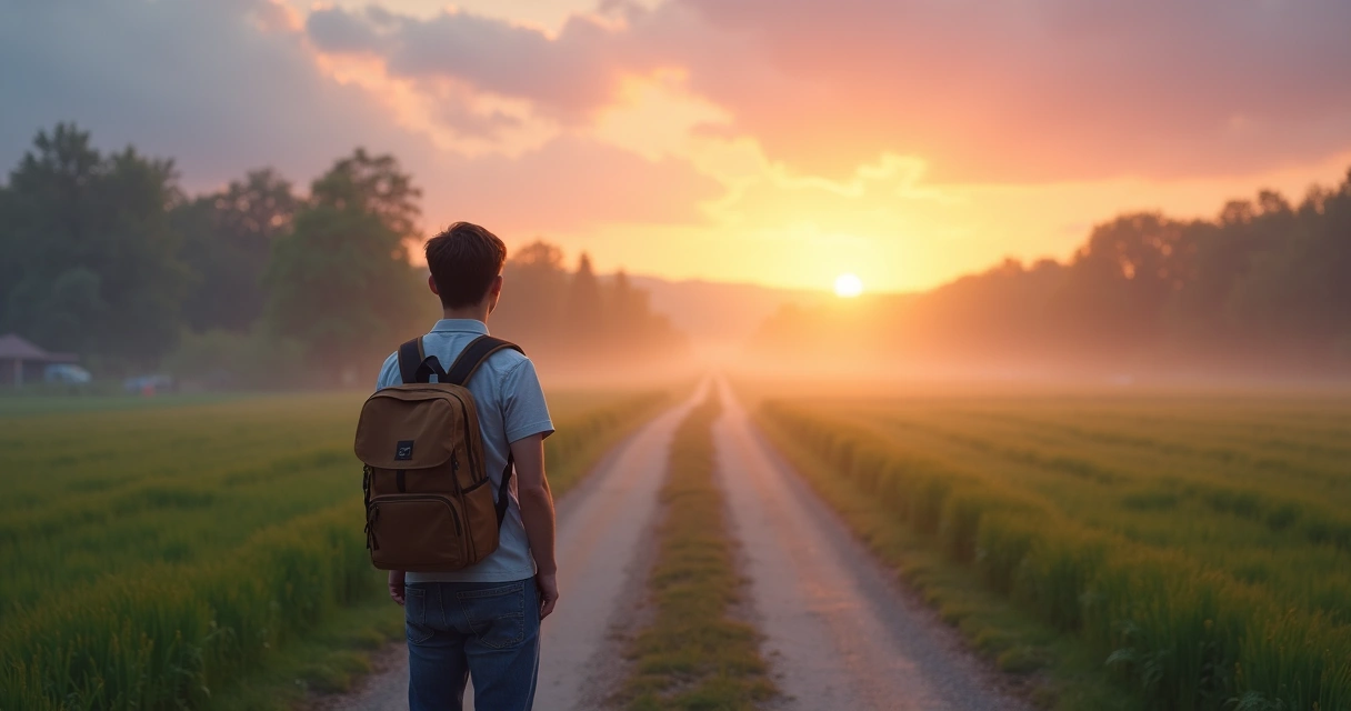 Jovem escolhendo caminhos em uma bifurcação ao amanhecer 