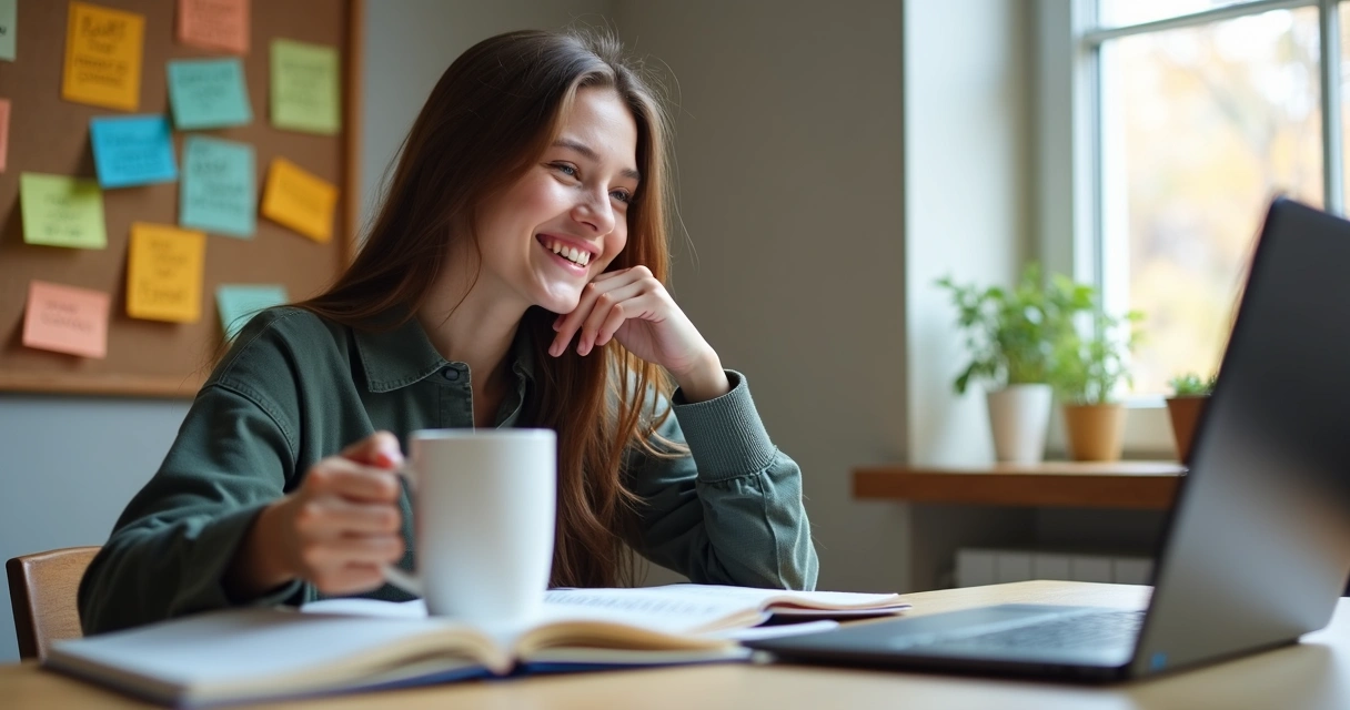 Jovem sentado sorrindo enquanto segura uma caneca de café após estudar