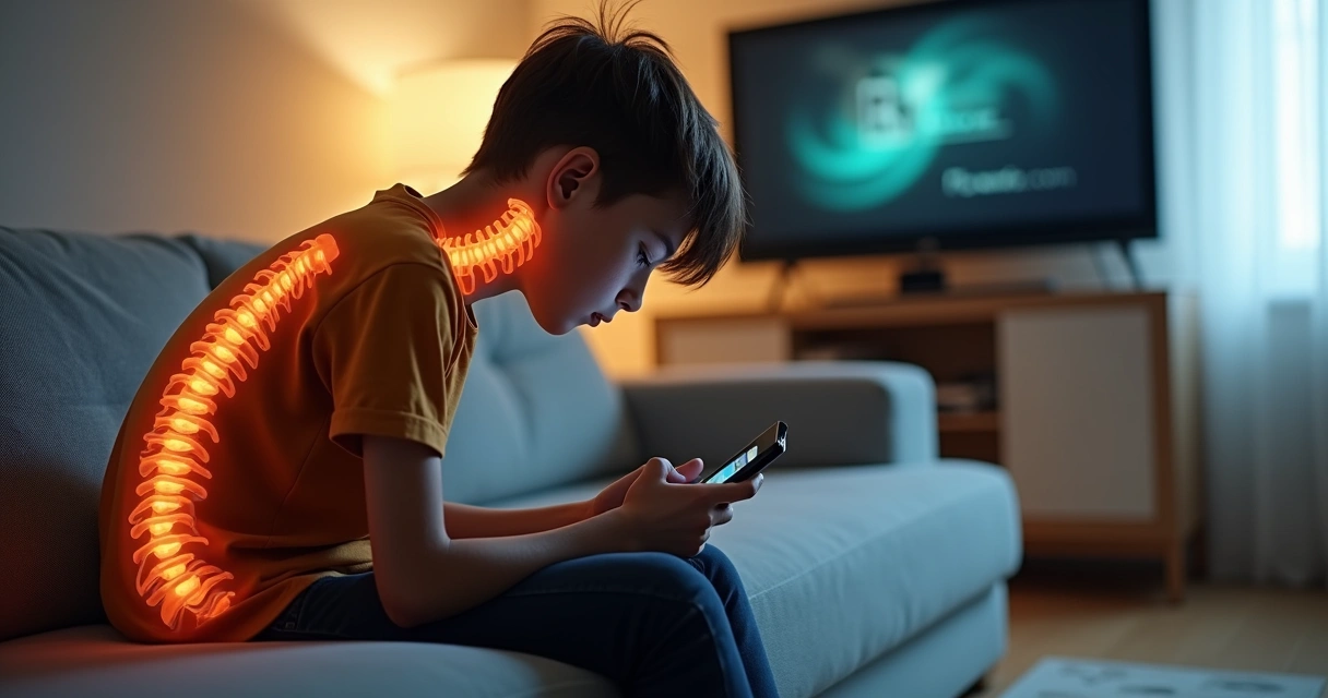 Adolescente olhando smartphone, coluna curvada, sentado sofá 
