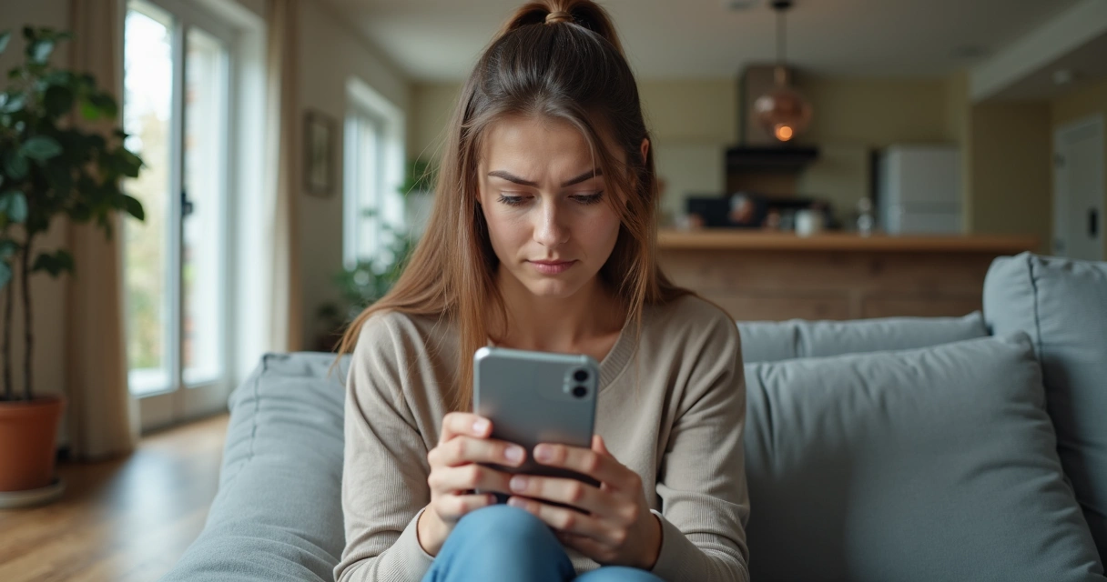 Jovem olhando preocupada para o celular sentado em uma sala de estar.