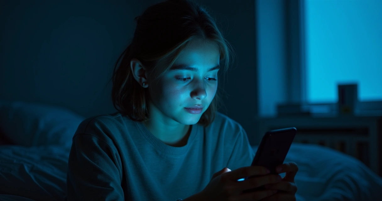 Jovem olhando celular com reflexo da tela no rosto 
