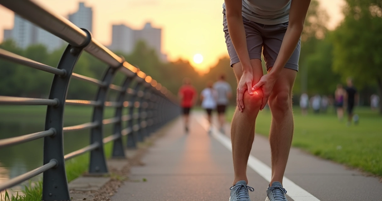 Jovem com dor no joelho apoiado em guarda-corpo de parque 