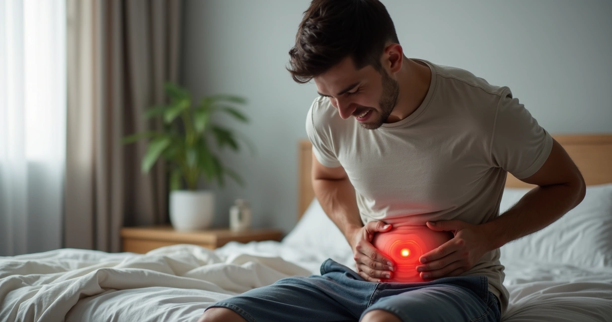Homem jovem com expressão de dor segurando baixo ventre