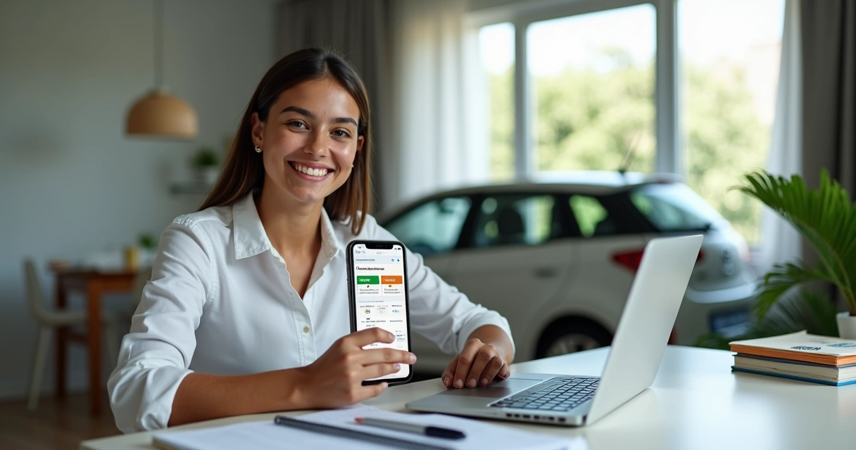 Jovem brasileiro feliz segurando celular com nova CNH digital ao lado de computador com site do Detran 