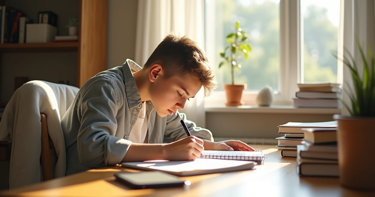 Jovem concentrado estudando em um ambiente iluminado com um caderno aberto e evitando distrações digitais 
