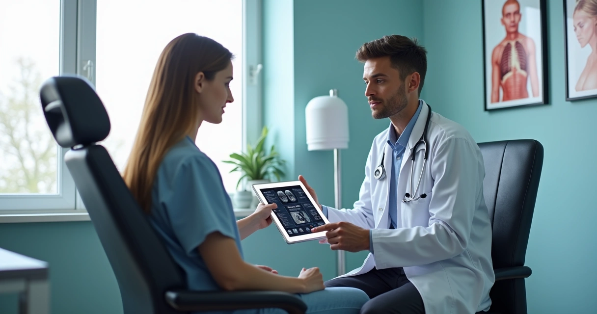 Paciente jovem consultando com médico oncologista em ambiente clínico moderno 