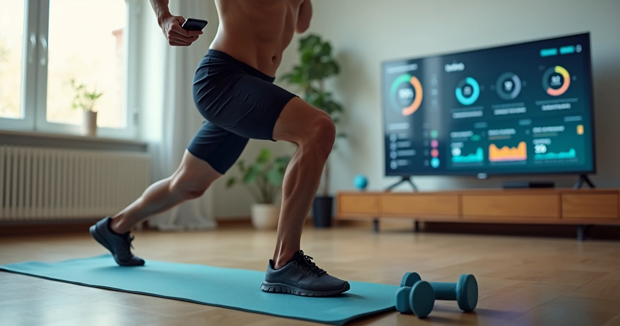 Jovem brasileiro consultando app de treino com IA durante exercício em casa 