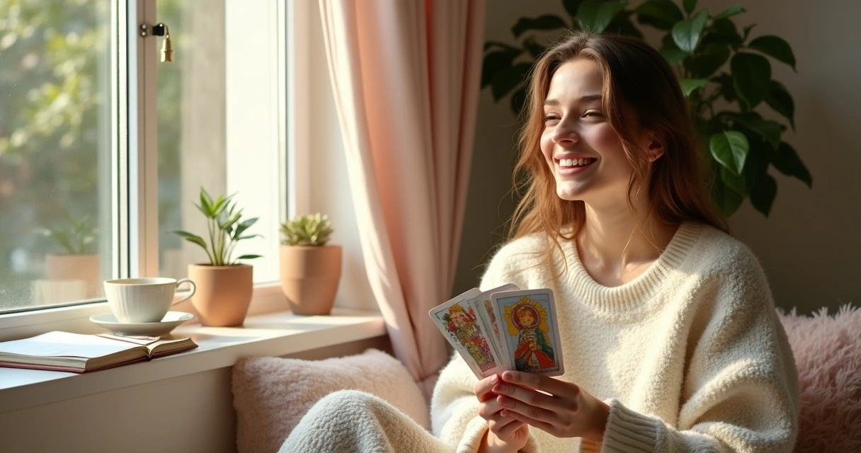 Jovem segurando cartas de tarô em ambiente acolhedor 