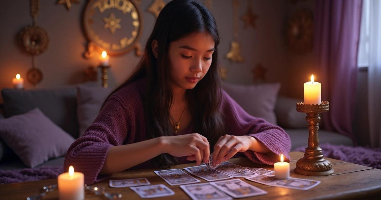 Jovem consultando oráculo com cartas de tarot em mesa com velas acesas 