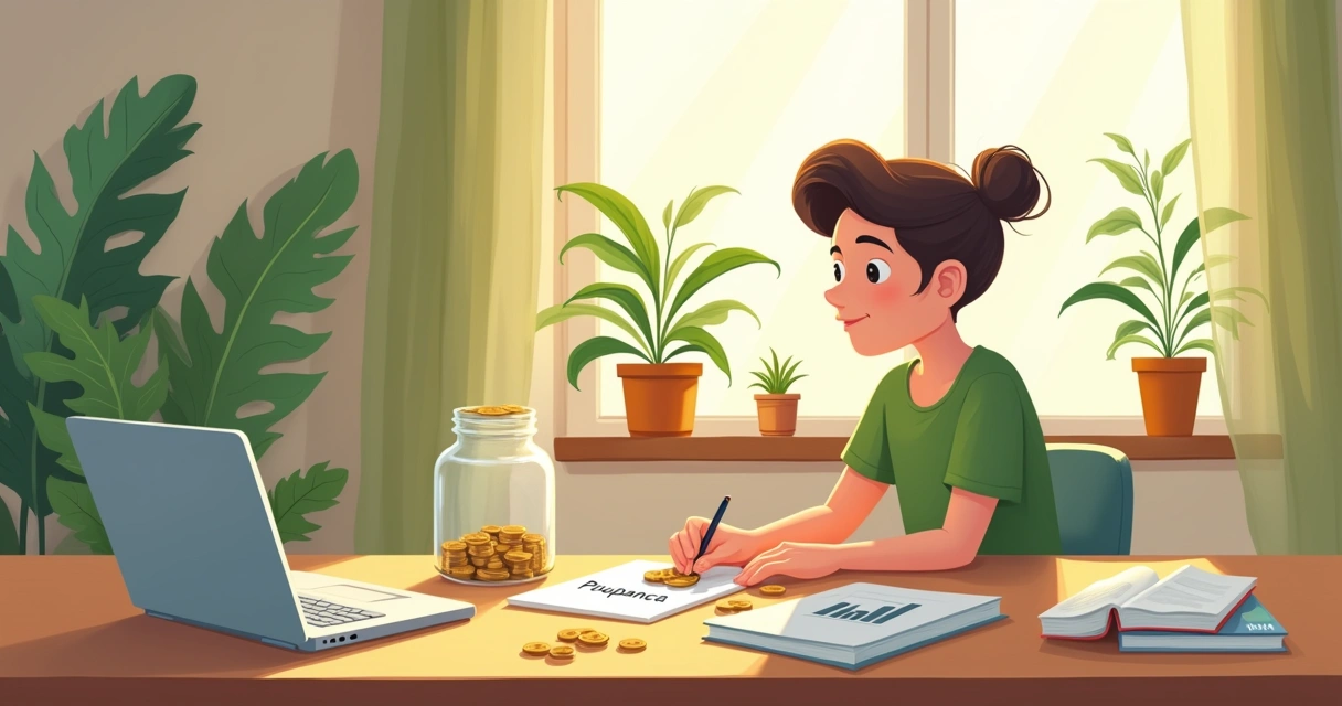 Jovem contando moedas em uma mesa de madeira com um pote de poupança e livros de finanças.