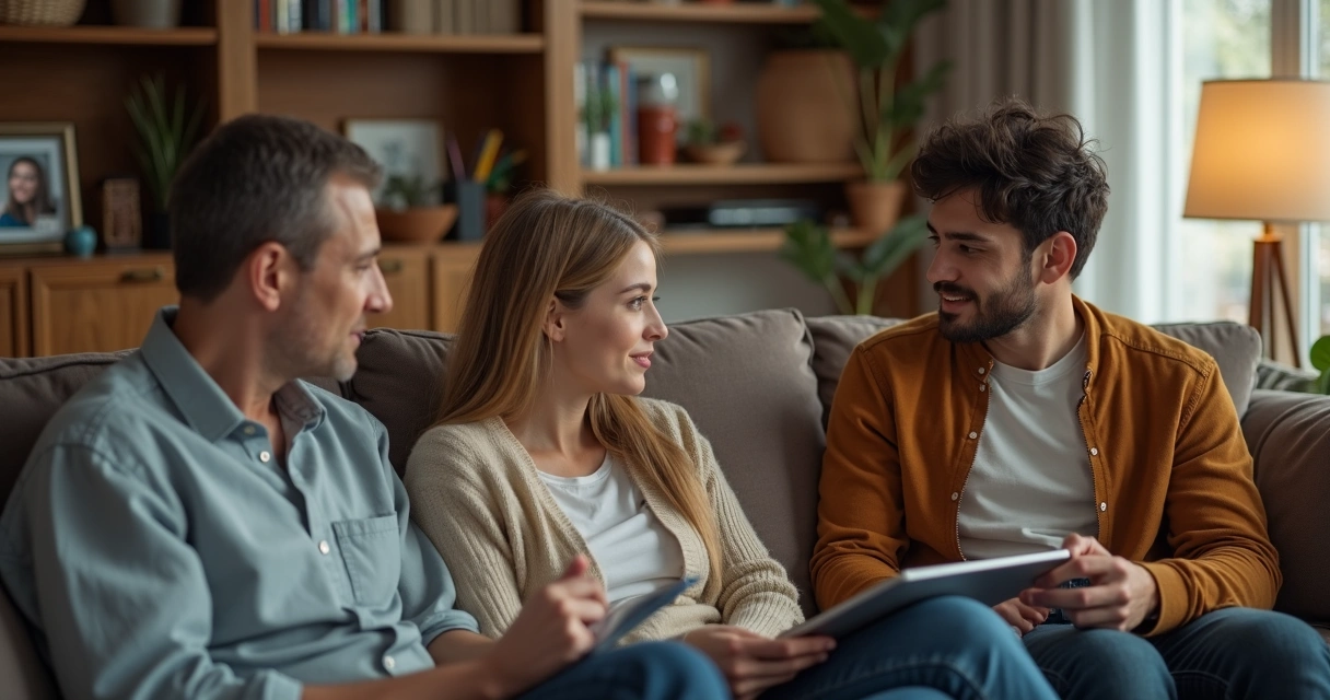 Jovem conversando com familiares em sala de estar iluminada 