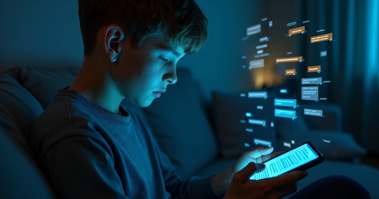 Adolescente sentado em sofá digitando em smartphone com interface de chat de IA na tela 