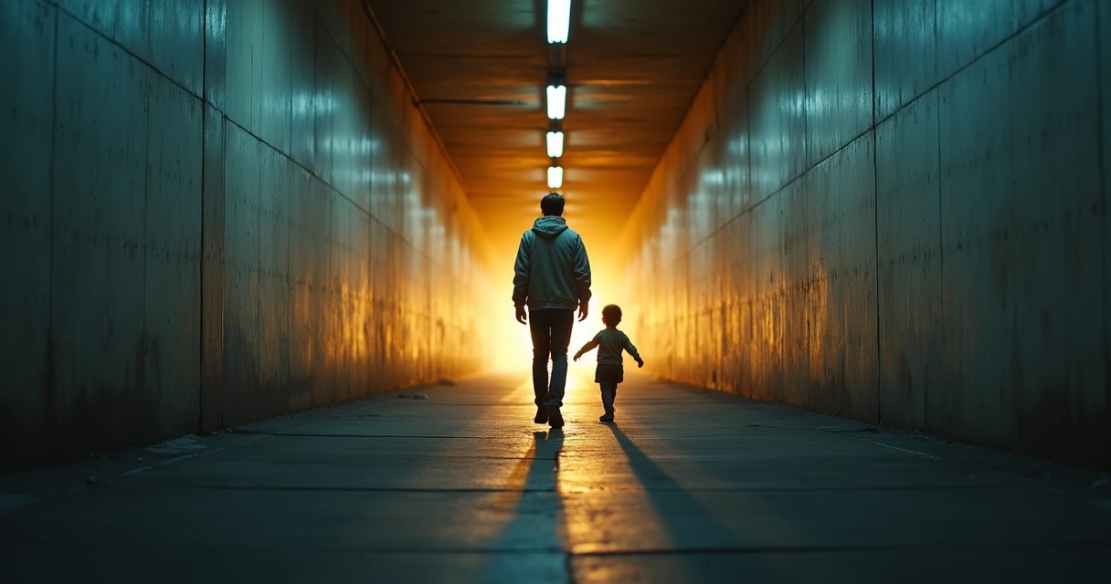 Adulto caminhando projeta sombra de criança em túnel iluminado ao fundo 
