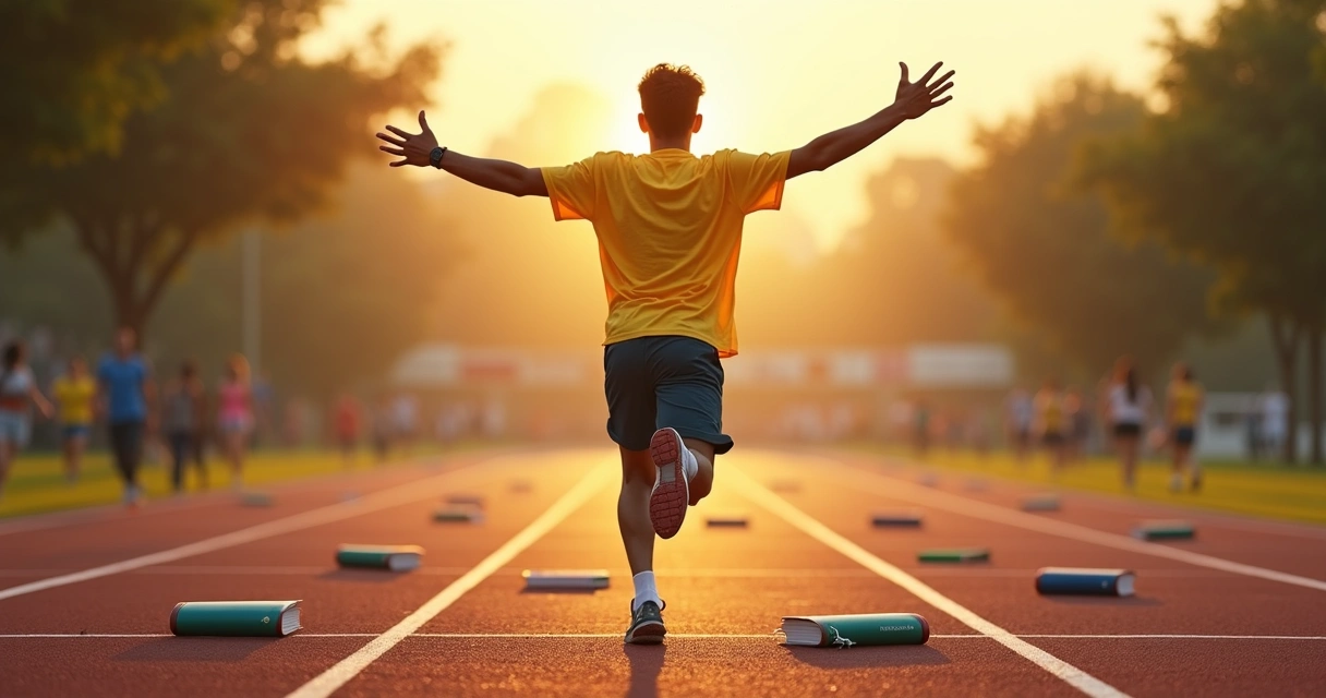 Jovem correndo para linha de chegada representando conquista