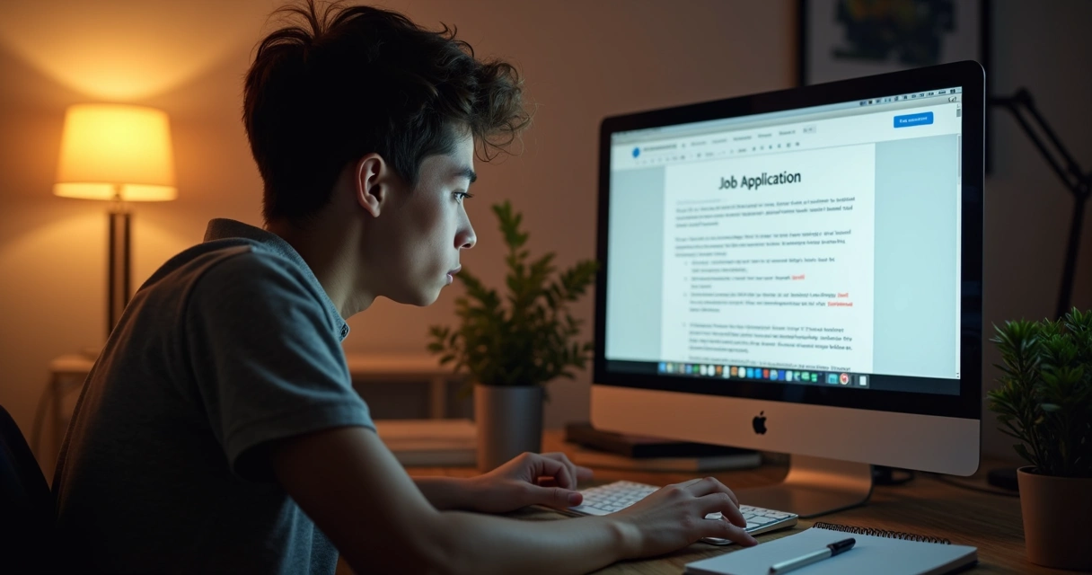 Jovem corrigindo candidatura no computador