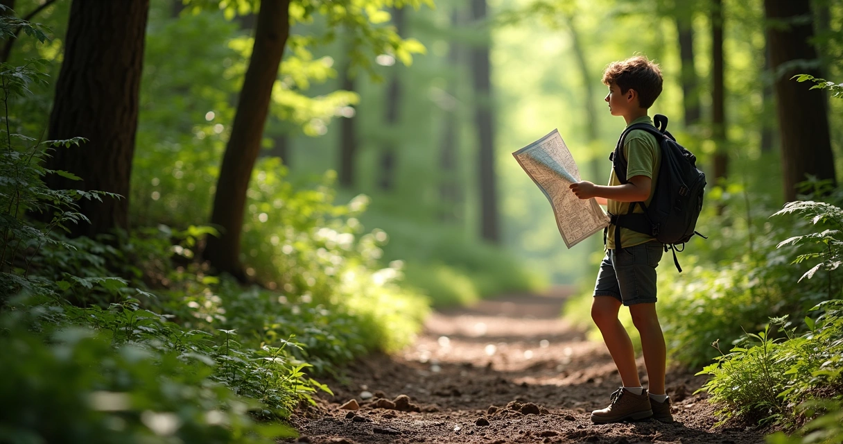 Pessoa jovem caminhando em uma bifurcação de trilha, refletindo sobre qual direção tomar 