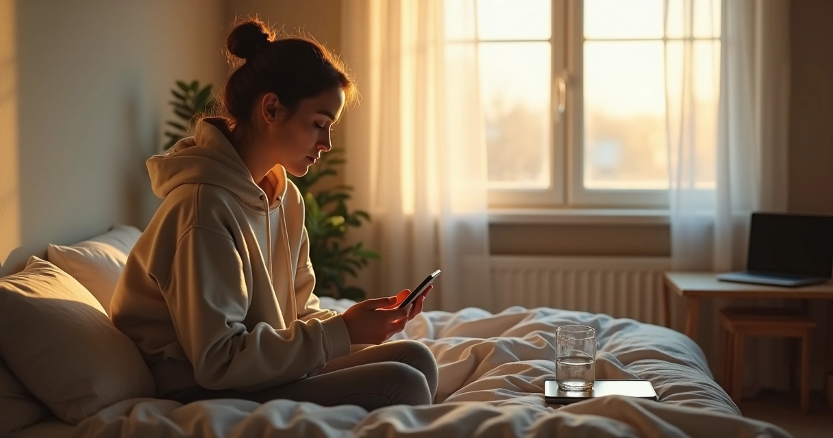 Jovem desliga o celular enquanto olha pela janela do quarto ao amanhecer 