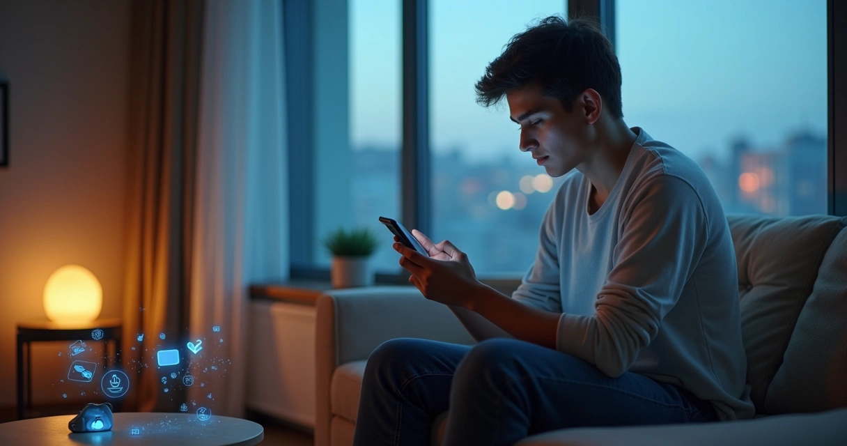 Pessoa jovem sentada em sofá desligando o celular para cuidar da saúde emocional 