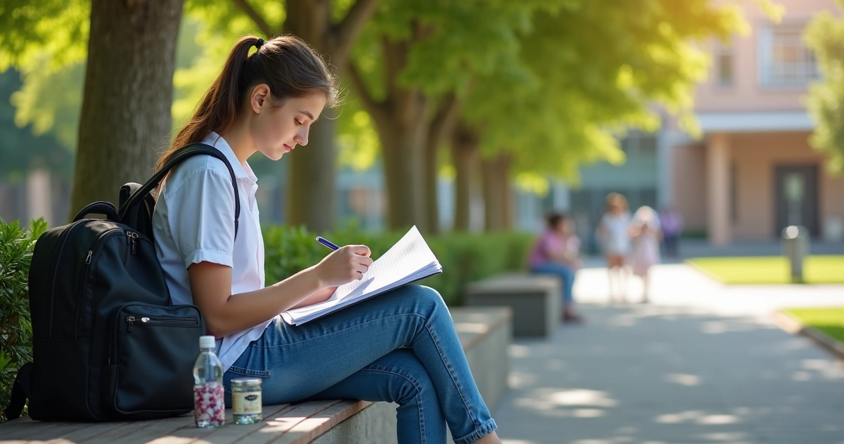 Jovem sentado em banco conferindo documentos e lanche antes do Enem 
