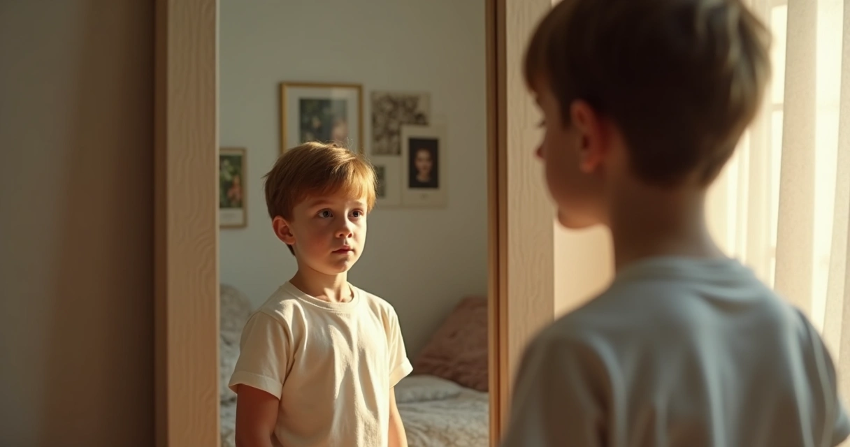 Jovem olhando no espelho e vendo o reflexo de si mesmo criança. 