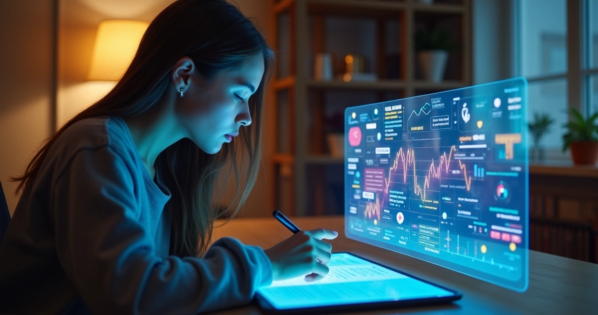 Pessoa jovem analisando emoções em diário digital com tela holográfica 