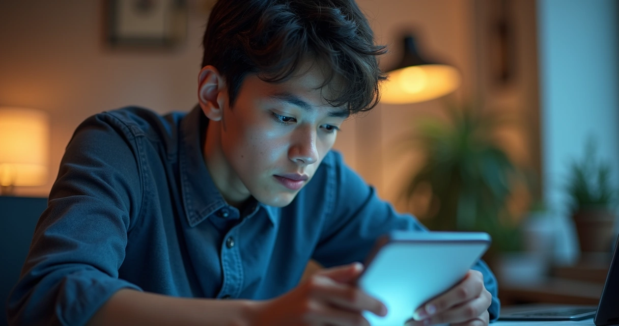 Jovem sentado em mesa com tablet, focado em tela digital 
