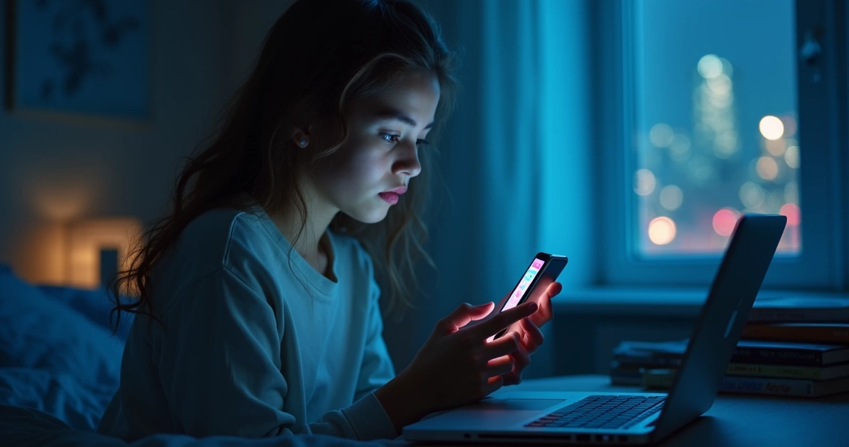 Jovem digitando no celular em um quarto escuro 