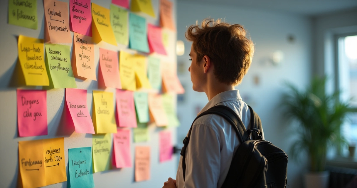 Jovem em pé diante de um mural com opções de carreira escritas em post-its coloridos. 