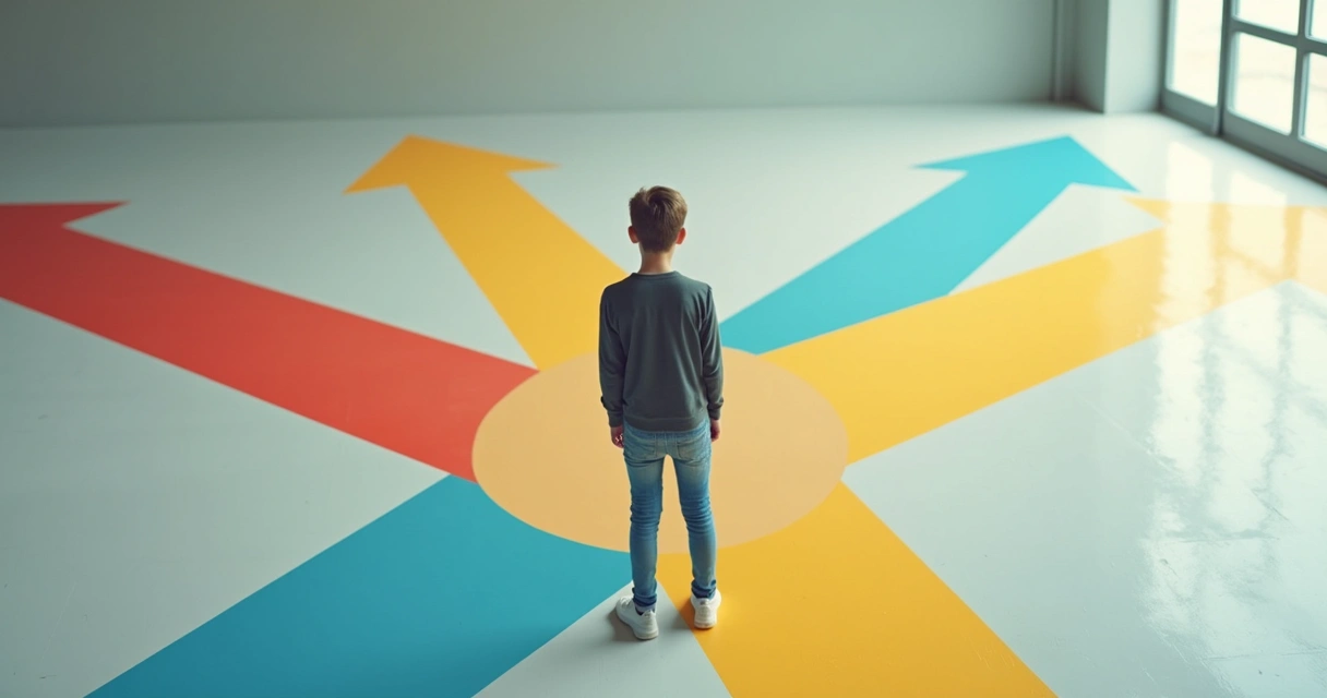 Jovem parado olhando diferentes caminhos no chão 