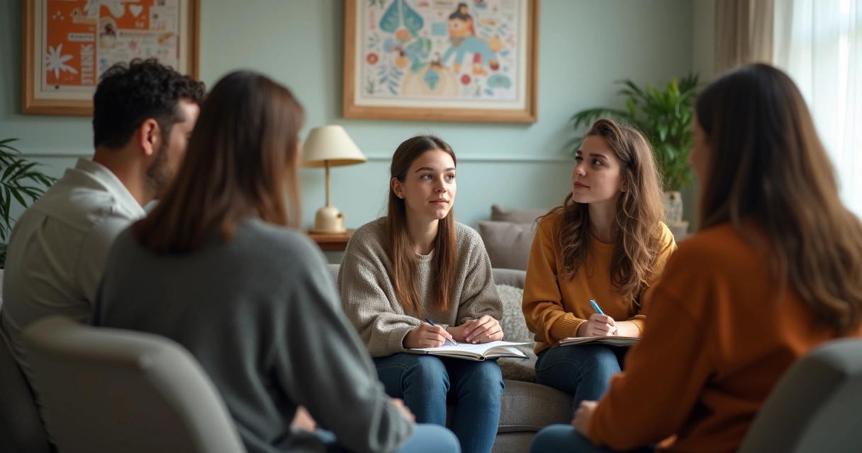 Jovem com os pais em sessão de terapia familiar