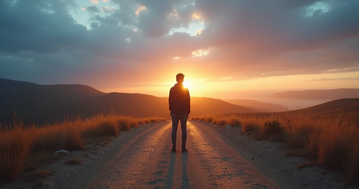 Pessoa em encruzilhada observando vários caminhos iluminados representando escolhas de propósito de vida 