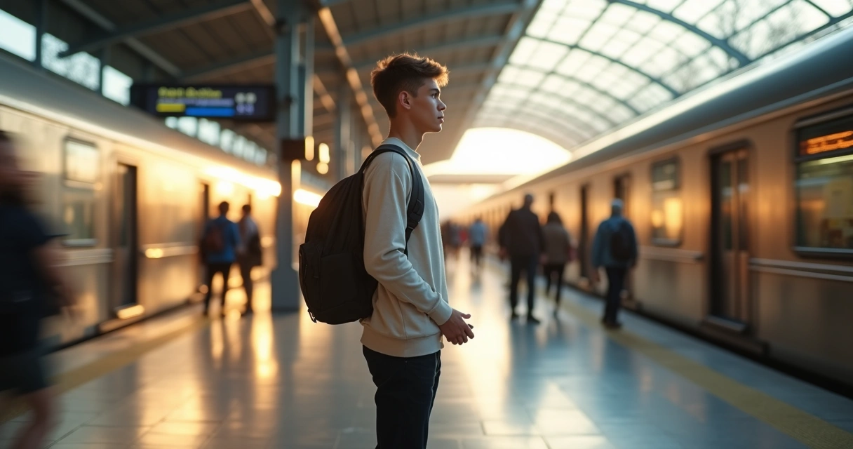 Pessoa jovem parada calma em estação de trem com movimento ao redor 