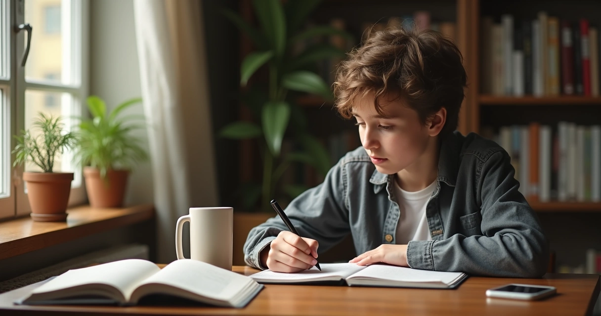 Pessoa jovem refletindo enquanto escreve em caderno