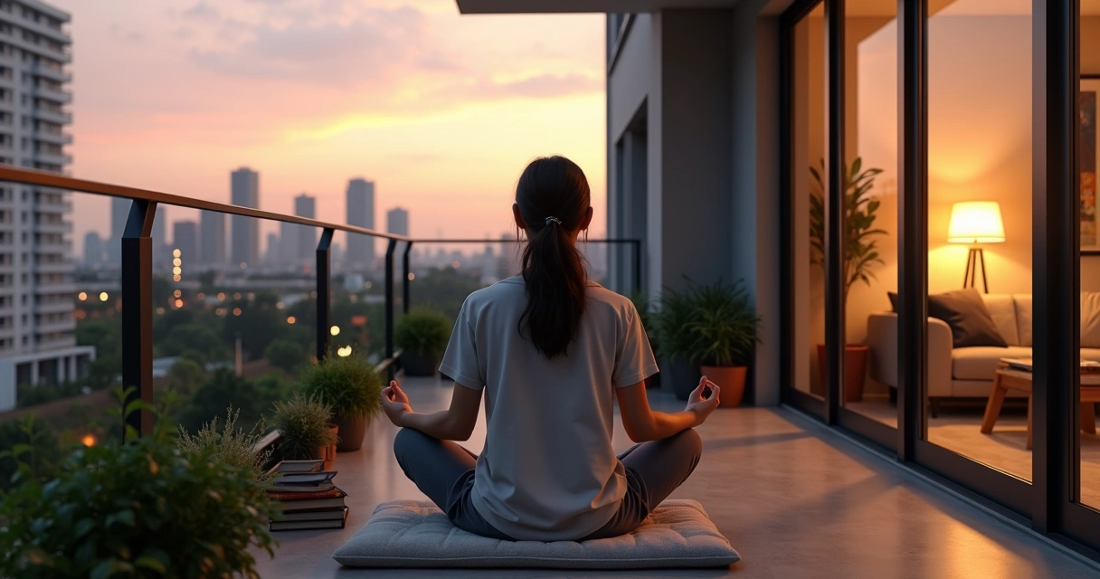Jovem sentado em varanda urbana com plantas meditando ao pôr do sol 