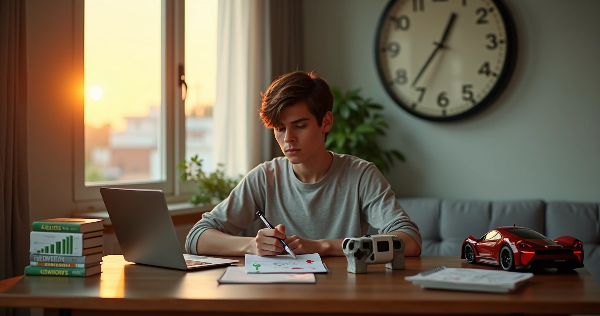 Jovem analisando ativos e passivos em quadro com relógio ao fundo 