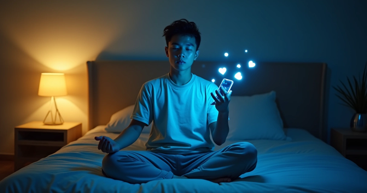 Jovem sentado com celular em uma mão e olhos fechados em atitude meditativa 