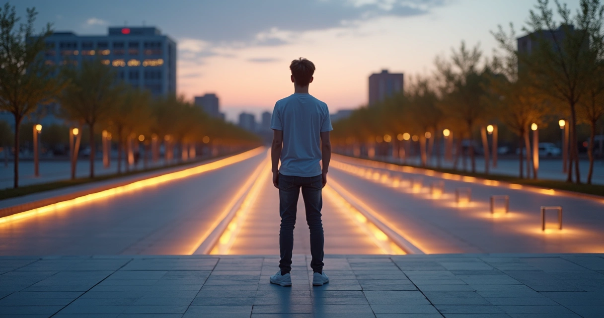 Jovem em passarela elevada observando vários caminhos de carreira iluminados 