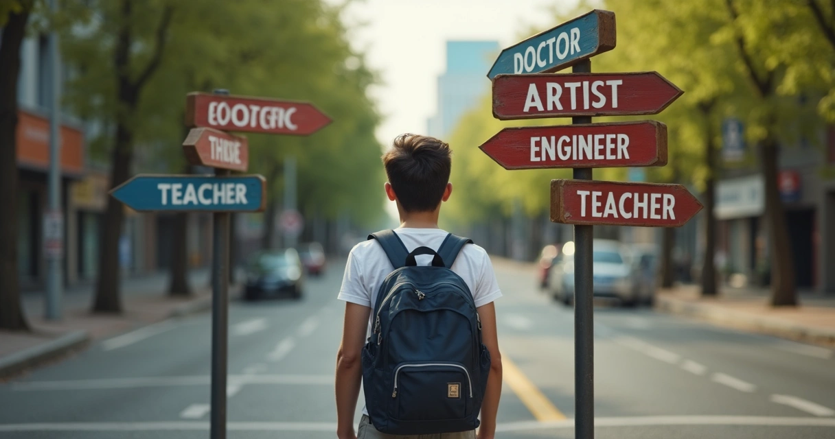 Jovem olhando para várias placas de profissões 